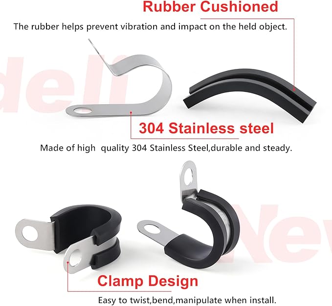 Newdeli 10Pcs Cable Clamps 1-3/4 Inch Stainless Steel Cable Clamp Rubber Cushioned Hose Clamp Insulated Tube clips Automotive Wire Pipe Clamps