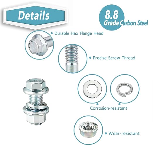 Kadrick 140Pcs Flange Hex Bolts and Nuts Kit,M10 x1.25（M6-1.0 M8 x1.25 Available） (20mm to 45mm) Metric Bolt Assortment,Alloy Steel Class 8.8 Zinc Plated