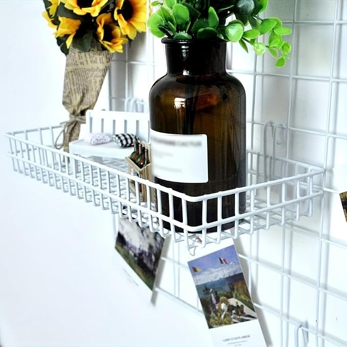 4 Pack 15.75 x 6 x 2.36 Inch Metal Grid Wall Baskets with Hooks, Hanging Wire Grid Basket, Multi-Function Wall Mounted Organizer for Kitchen Organizing Display, White