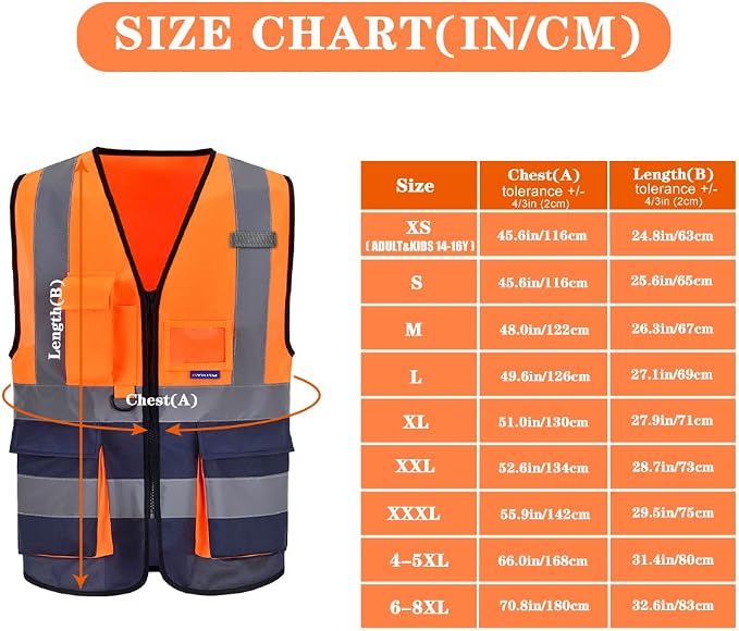 A-SAFETY Hi-Vis Safety Vest, 7 Pockets, Front Zipper, Orange/Navy, 4XL-5XL | Orange/Navy 4XL-5XL safety vest with reinforced pockets, black front zipper and clear ID holder for warehouse logistics.