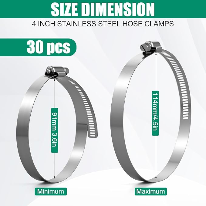 Zhengmy 30 Pack 4 Inch Stainless Steel Hose Clamps Adjustable 3-29/50 to 4-49/100 91-114 mm Worm Gear Clamps Duct Clamp for Automotive Fuel Line Air Duct Dryer Vent Plumbing Industrial Use