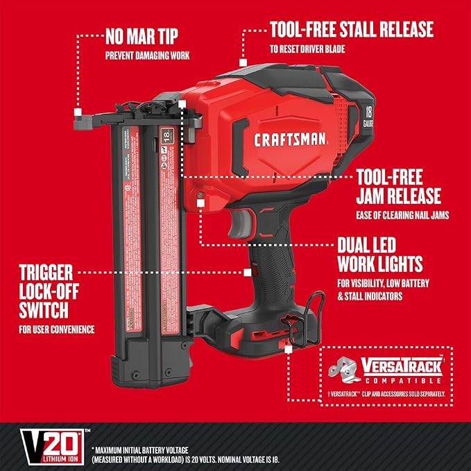 CRAFTSMAN V20 Brad Nailer, 18GA, Cordless, Bare Tool Only (CMCN618B)