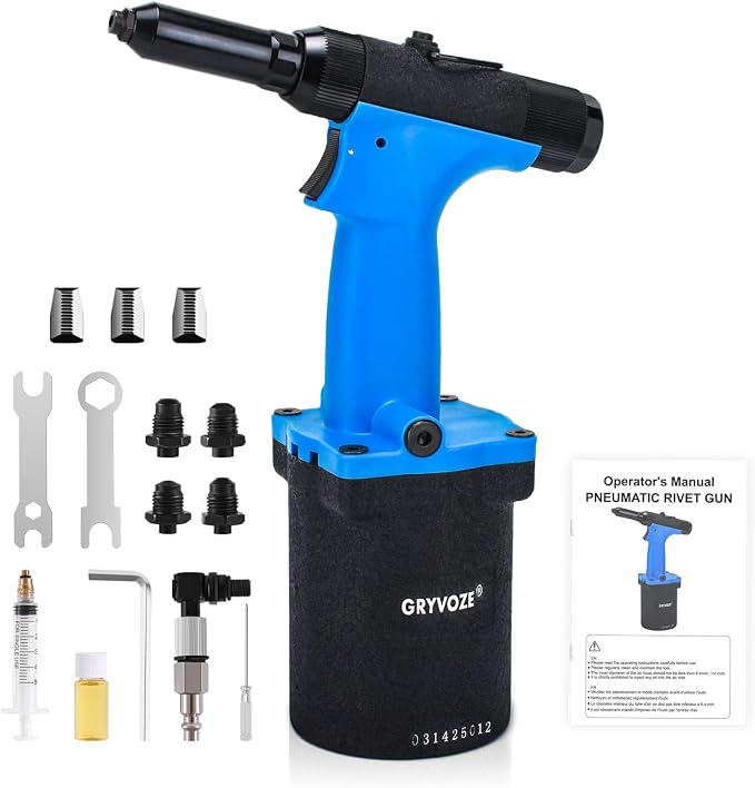 Pneumatic Rivet Gun Air Pop Riveter Tool Kit with 1/8", 5/32", 3/16", 1/4" Rivet Nozzles, Pneumatic Riveting Gun, Upgraded Air Riveter Hydraulic Pop Riveting Rivets Tool, No-Self-Suction