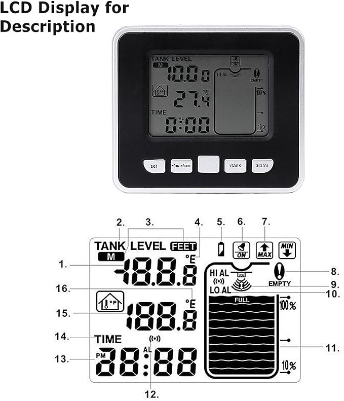 Mugast Ultrasonic Level Sensor Water Liquid Level Sensor Transmitter with LCD Temperature Display Supports Liquid Level High/Low Alarm