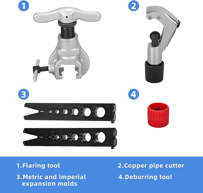 Eccentric Flaring Tool Kit, 1/4-3/4 Inch (6-19mm) 45 Degree HVAC Flare Tool for Copper Pipe, Aluminum Pipe, Stainless Steel Pipe