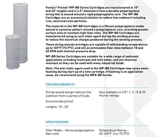 Pentair Pentek WP25BB20P Big Blue Sediment Water Filter, 20-Inch, Whole House Polypropylene String-Wound Filter Cartridge, 20" x 4.5", 25 Micron
