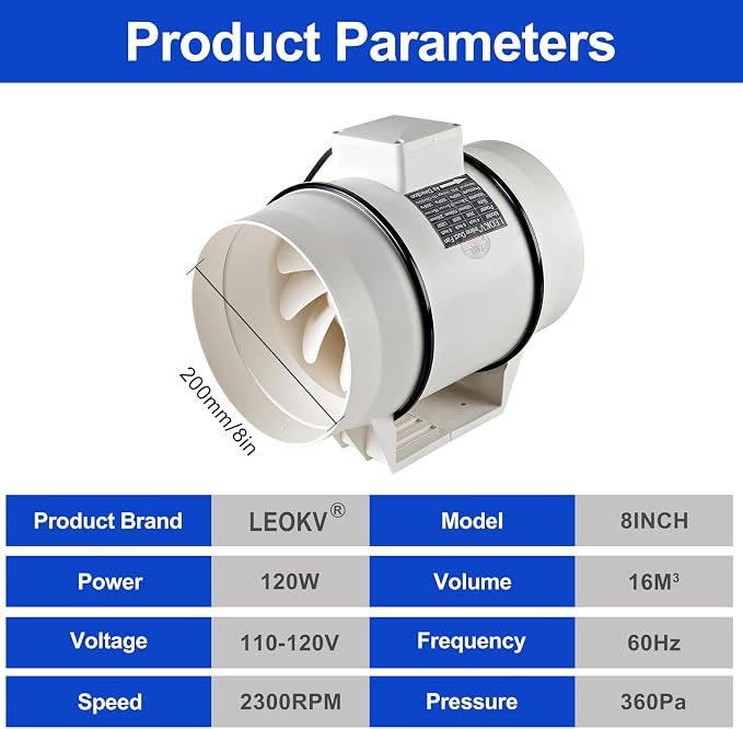 8Inch Exhaust fan Pipeline booster fan Inline duct fan 740 CFM Efficiency Air Fan for Duct Vent Bathroom, Kitchen, Grow Tent,Hydroponics,The wind is very strong.All-copper wire motors are more durable