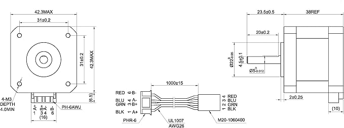 STEPPERONLINE Nema 17 Stepper Motor Bipolar 1.5A 42Ncm 42x42x38mm 1.8deg 4 Wires with 1m Cable and Connector (3 Pack)