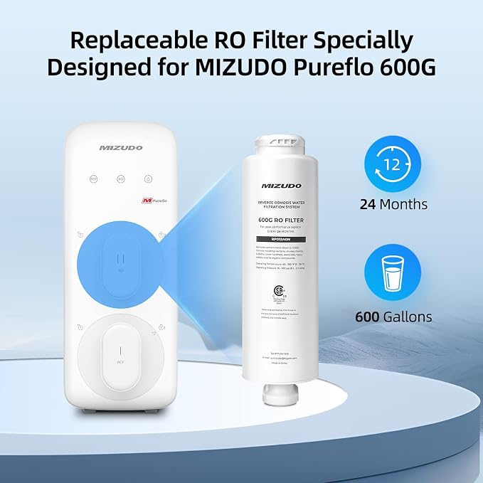 RO Filter Replacement for MIZUDO 600GPD Pureflo Reverse Osmosis Water Filter, 8 Stage Tankless Reverse Osmosis System, 3:1 Pure to Drain, RO Water Filtration System for Drinking Water Under Sink