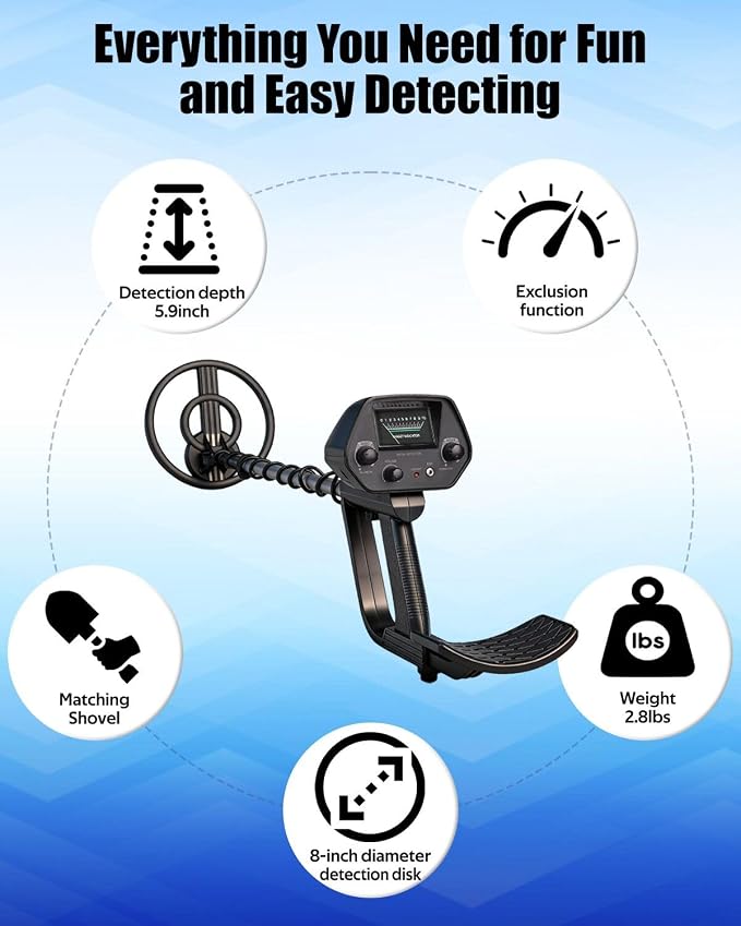 Rechargeable Metal Detector for Kids & Adults, Lightweight w/8” Waterproof Coil, Adjustable 31.5"-41.5", 12Hr Battery, Shovel Included - Beach Treasure Hunting