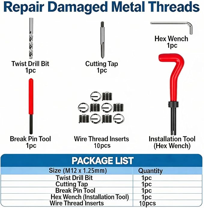 M12 X 1.25 Thread Repair Kit, Metric Helicoil Kit with HSS Drill Bit, 10PC Wire Thread Inserts