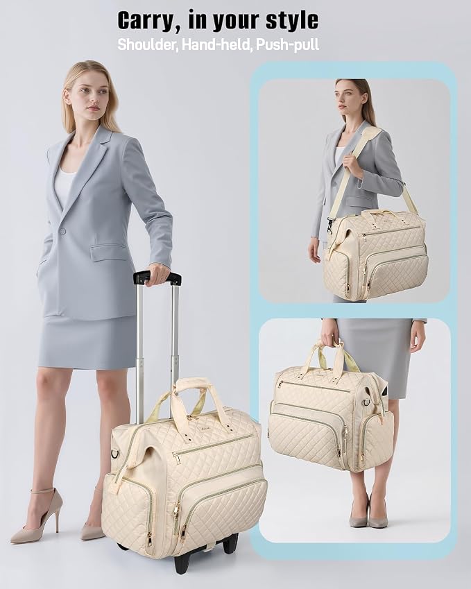 Rolling Teacher Bag, 16 Inch Rolling Laptop Bag with Detachable Dolly & Teacher File Tote, Large Roller Briefcase for Teaching Office Work, Women, Craft Nurse,Beige
