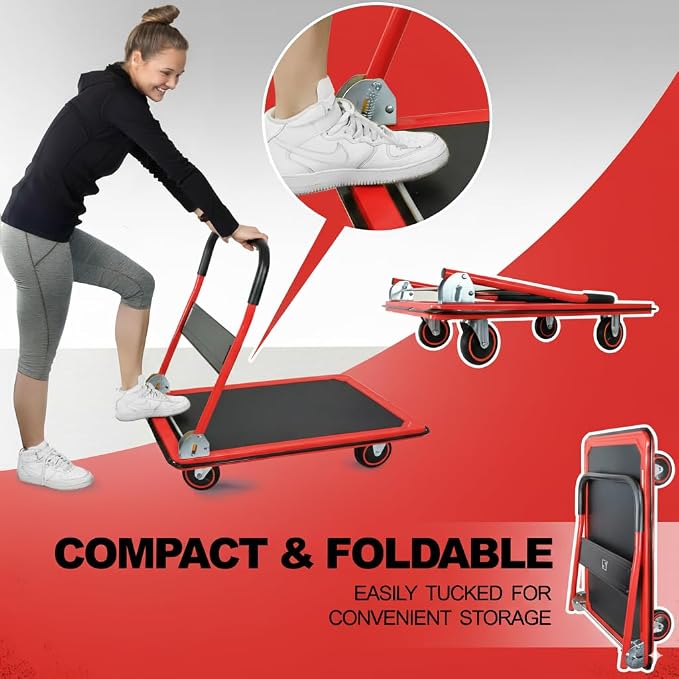 Push Cart Dolly by Wellmax, Moving Platform Hand Truck, Foldable for Easy Storage and 360 Degree Swivel Wheels with 330lb Weight Capacity, Red Color