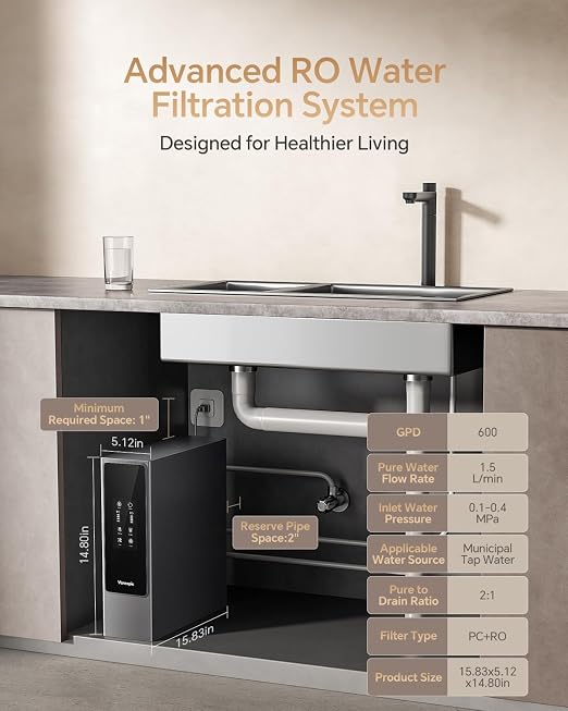 Vancepic Under Sink Reverse Osmosis Water Filter System,0.42 GPM High Flow 600 GPD Tankless RO System,3:1 Pure to Drain Ratio, 95% TDS Removal, Space-Saving Design with Faucet, NSF/EPA Standards V600