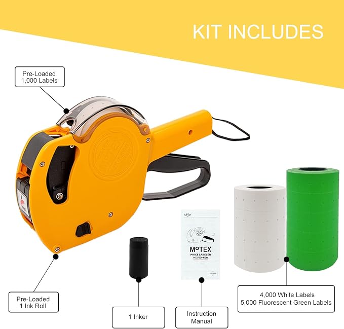 Motex Genuine MX-5500NEW 1 Line 8 Digits Price Tag Gun Kit - Includes 10,000 Blank Labels (White + Green) and 1 Pre-Loaded Inker with 1 Ink Refill - for Grocery Store, Retail, Garage Sale (Yellow)