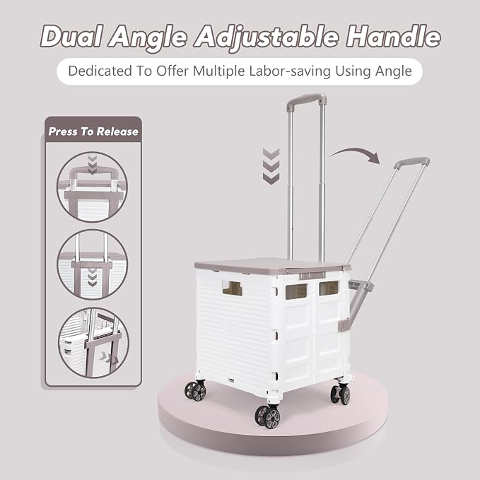Foldable Utility Cart Rolling Crate Handcart Shopping Cart with Rotate Wheels Extended Magnetic Lid Telescoping Handle Adjustable Angle for Transports Groceries Office Teacher File(White)