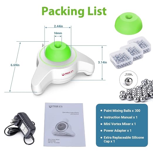 FOUR E'S SCIENTIFIC Mini Vortex Mixer - Lab Vortex Shaker with Extra Silicone Cap & 300 pcs 7/32 in Mixing Balls, 5600 RPM, for Acrylic Miniature Hobby Model Paints, Green