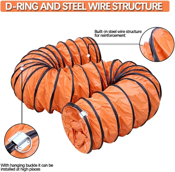 16FT Ducting Hose PVC Flexible Duct Hosing with Adjustable Rope for 8inch Utility Blower Ventilation Fan Exhaust Fan (8inx16ft)