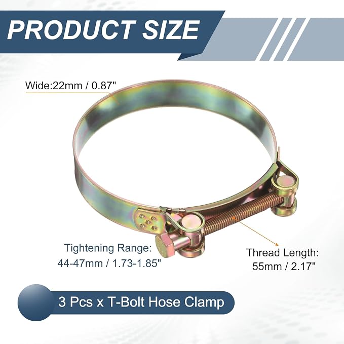 HARFINGTON 3pcs T-Bolt Hose Clamp 44-47mm (1.73-1.85") Galvanized Carbon Steel Adjustable Intake Radiator Pipe Clamps for Automotive Plumbing Industrial Pipes