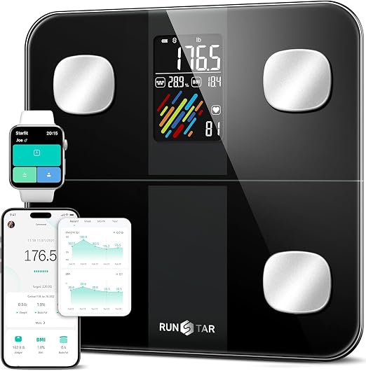 RunStar Smart Scale for Body Weight and Fat Percentage, High Accuracy Digital Bathroom Scale with Large Display for BMI Heart Rate 22 Body Composition Analyzer Sync with Fitness App 400lb
