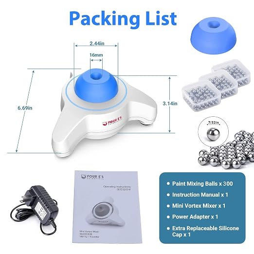 FOUR E'S SCIENTIFIC Mini Vortex Mixer - Lab Vortex Shaker, 5600 RPM, Blue, Touch Function Portable for Lab Inks Acrylic Paints Nail Polish with Extra Silicone Cap & 300 pcs 7/32 in Mixing Balls