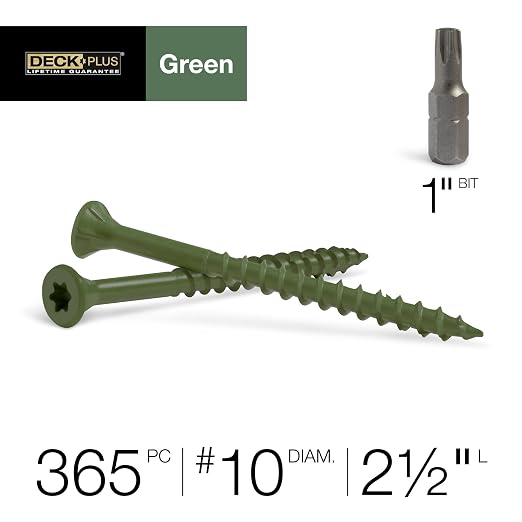 Deck Plus 2-1/2 Inch Epoxy Coated Exterior Wood and Fence Screws #10 x 2-1/2" Torx/Star Drive Included Coarse Thread, Outdoor Rust Resistant Decking Screw, Green, 5 lb Box, 365 Pieces | 48402