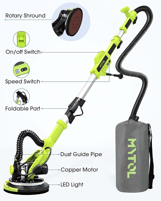 MYTOL Drywall Sander, 7.2A Electric Drywall Sander with Vacuum Dust Collection, 6 Variable Speed 900-1800RPM, LED Light, Foldable & Extendable Handle, 9 Pcs Sandpaper&3 Pcs Grid Sandpaper, Full Green