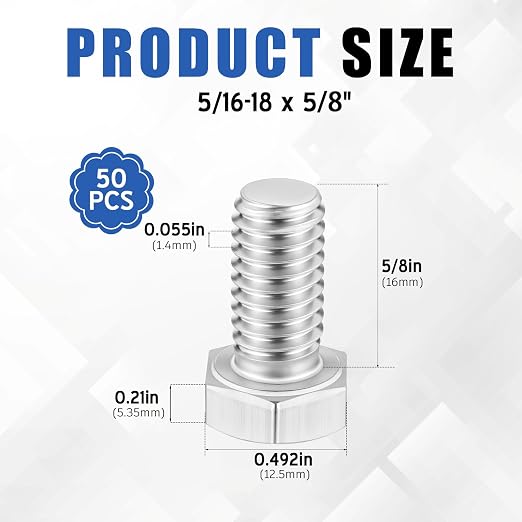 Zonon 50 Pcs 5/16-18 x 5/8" Hex Head Screw Bolt 18-8 (304) Stainless Steel Hexagon Bolts, Fully Threaded, Plain Finish, External Hex Drive (Silver)