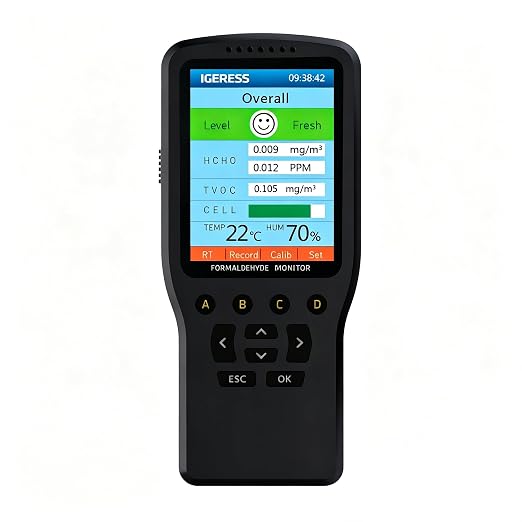 Air Quality Monitor, 8-in-1 Air Quality Monitor, for Enclosed Spaces | Measures HCHO, TVOC, AQI, Temp, Hum PM1.0, PM2.5, PM10，with a Color LED Screen Showing Specific Real-time Data Clearly.