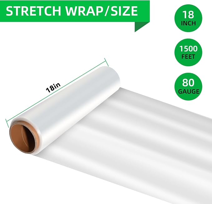 Stretch Wrap Rolls, Shrink Wrap 18in x 1500ft 4 Pack, Heavy Duty Pallet Wrap | Crystal Clear, Self-Adhesive Cling, Includes Hand Grips, 80 Gauge Industrial Strength, for Moving Packing Shipping