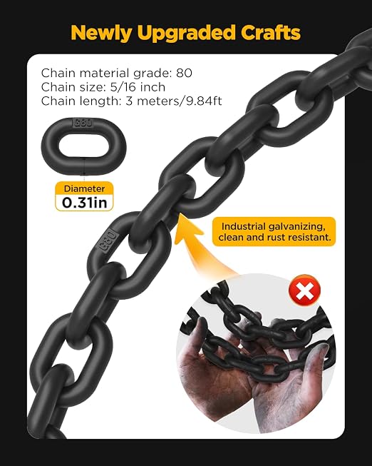 Heavy Duty Lifting Chain with Adjustable Hooks, 5/16" x 10 Ft, 7000 lbs WLL | Dual-Leg Chain Sling Design • Black Industrial Electroplating • Balanced Load Distribution • Secure Latch Hook Design