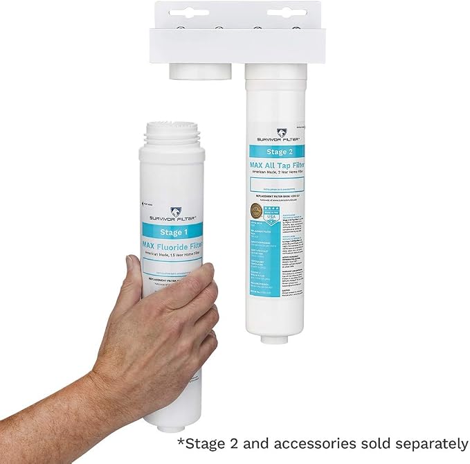 Survivor Filter Max, Stage 1 Fluoride, Under Sink Water Filter Replacement | Reduces Fluoride, Municipal Tap Water, Water Filter for Sink Faucet, Easy Installation, Made in USA