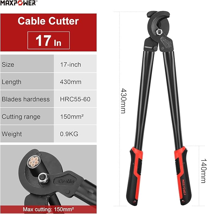 MAXPOWER Cable Cutters, 17-Inch Heavy Duty Cable Cutter for Cutting Aluminum, Copper, and Communications Cable Up to 150mm²
