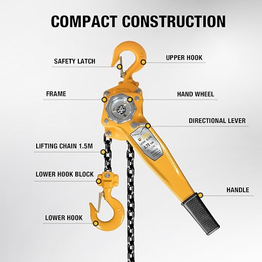 YELLOW JACKET 3/4 Ton Manual Lever Chain Hoist, G80 Galvanized Carbon Steel with Weston Double-Pawl Brake, Chain Come Along and Safety Measures for Chain Fall