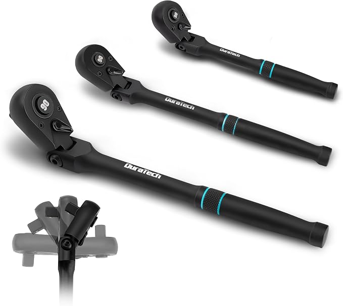 DURATECH 3-Piece Flex-Head Drive Ratchet Handle, 1/4", 3/8", 1/2" 90-Tooth Quick-Release Ratchet Wrench with 180° Pivoting Head & 7-Position Setting, Reversible, CR-V Made, Black Mn Phosphate Finish