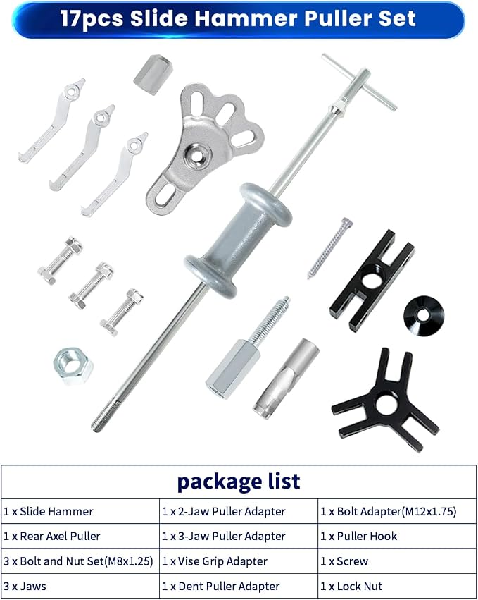 ATPEAM 17pcs Slide Hammer Dent Puller Set, 5lb Slide Hammer Axle Bearing Dent Hub 2 3 Internal External Gear Puller Set Auto Body Truck Repair Took Kits