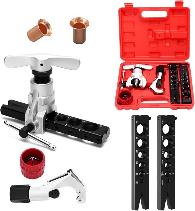 Flaring Tool HVAC & Brake Line Flaring Tool Kit – 45° Eccentric Flaring Set for 6-19mm & 1/4"-3/4" Pipes w/Cutter, Deburring, Hard Case.