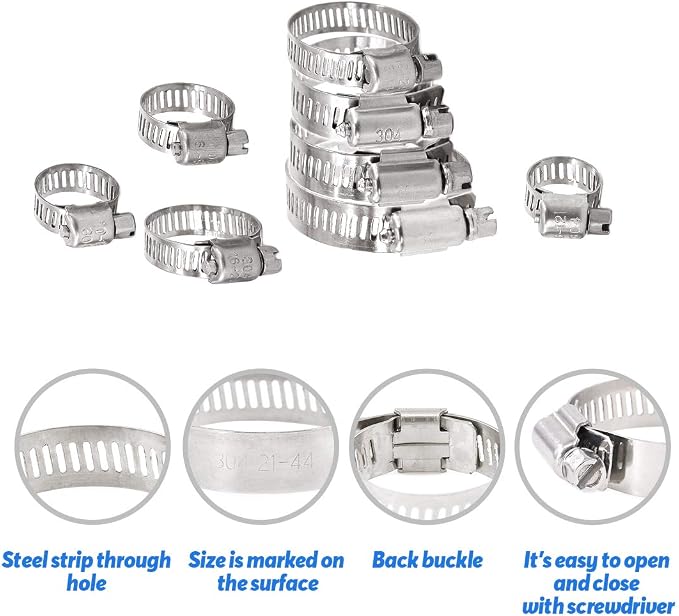 Glarks 100Pcs Adjustable 8-44mm Range 304 Stainless Steel Worm Gear Hose Clamps Assortment Kit+ 20pcs Adjustable 40-63mm Range 304 Stainless Steel Worm Gear Hose Clamps