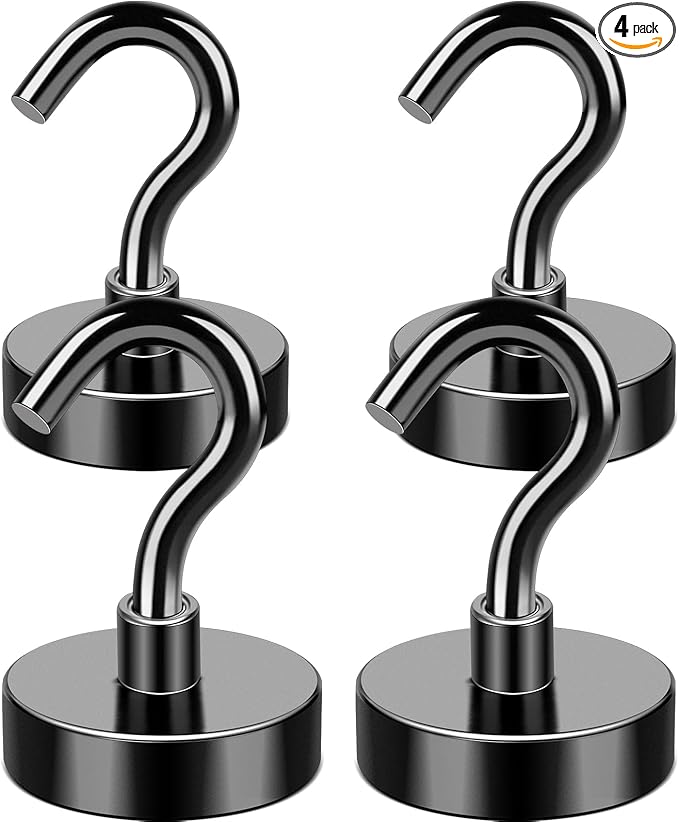 MIKEDE Magnetic Hooks 50LB+ Heavy Duty Magnet Hooks for Cruise Cabins | Super Neodymium Hanging Hooks Black Strong Magnets with Hook for Fridge Magnetic Hanger for Grill Toolbox Pack of 4
