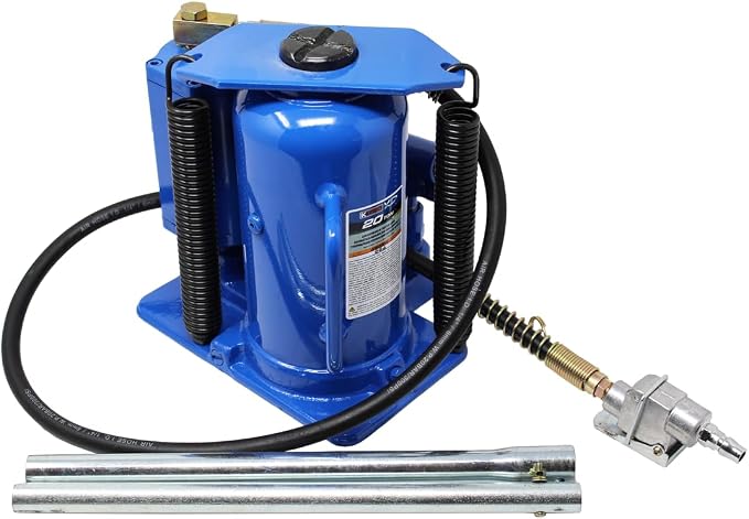 K Tool International XD63228 20 Ton Air/Hydraulic Bottle Jack for Garages, Repair Shops, and DIY, 44,000 lbs. Capacity, Lift Range 10.43"-19.88", Heavy Duty Steel, Load-limiting/Bypass Valves, Blue