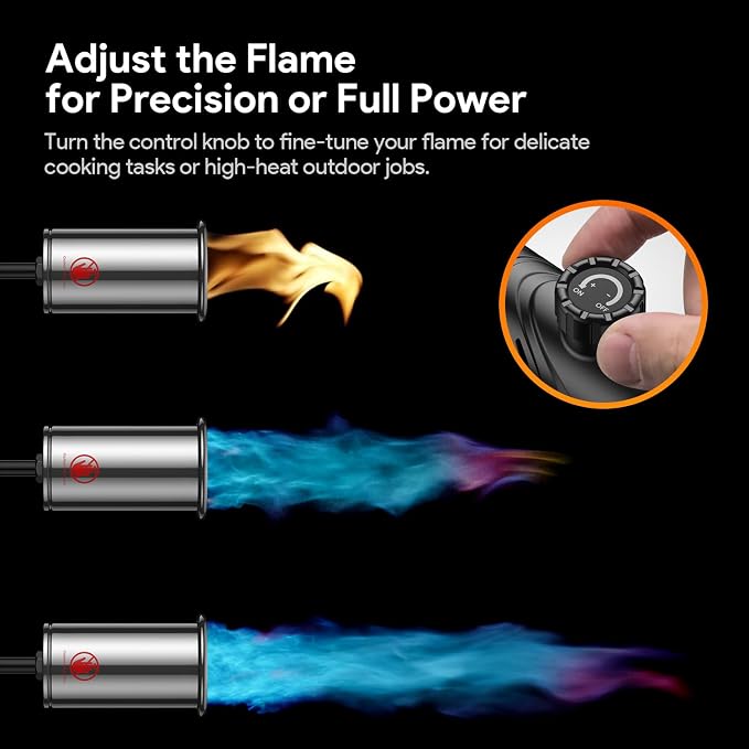 Propane Torch Gun, 30,000 Stable Ignition Kitchen Blow Torch with One-Touch Max Fire, Safety Lock & Adjustable Flame, Propane Torch Head for Searing Steak, Grill, BBQ, Charcoal Starter, Campfire