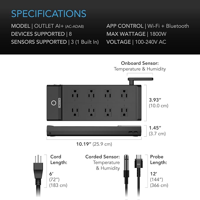 AC Infinity Outlet AI+, Environment Controller, Smart WiFi Power Strip, Dual-Zone Temperature Humidity, Individual Control 8 Plugs, AI Targeting, Thermostat Greenhouse Aquarium Terrarium Home, 1800W
