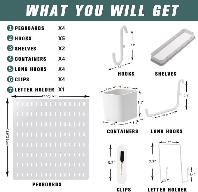Wall-Mounted Pegboard Kit, 25.2" x 25.2" Organizer Panel – Large, Cost-Effective & Nail-Free Installation White
