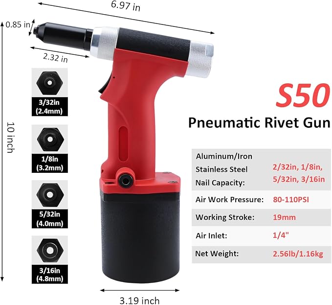 Heavy Duty Air/Hydraulic Rivet Gun Professional Riveting Tool 1/4" air Power Tool no Self Suction Style