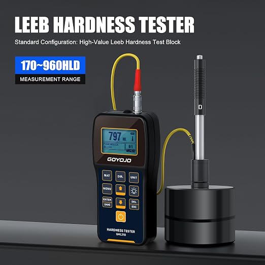 GOYOJO Portable Leeb Hardness Tester -,Hardness Testing Equipment Kit with Test Block, Copper, 7-in-1 HL, HV, HB, HRC, HRB, HRA, HS