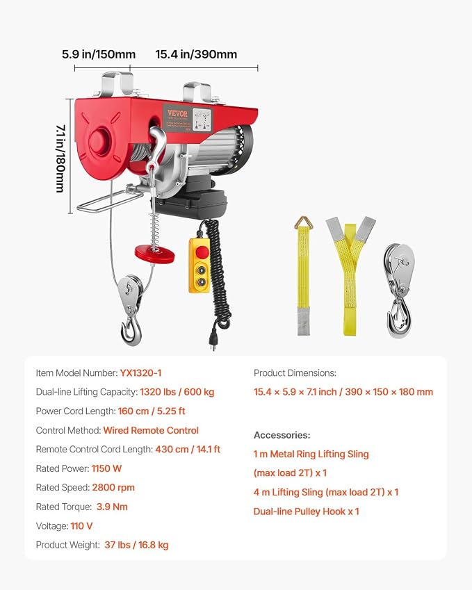 VEVOR Electric Hoist with Remote Control, 1320LBS Electric Winch, 110V Electric Hoist with 14ft Wired Control for Lifting in Factories, Warehouses, Construction Site, Attic