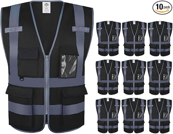 Dazonity Safety Vest with Pockets & Zipper,10 Pcs, Reflective, for Construction(Black-2XL)