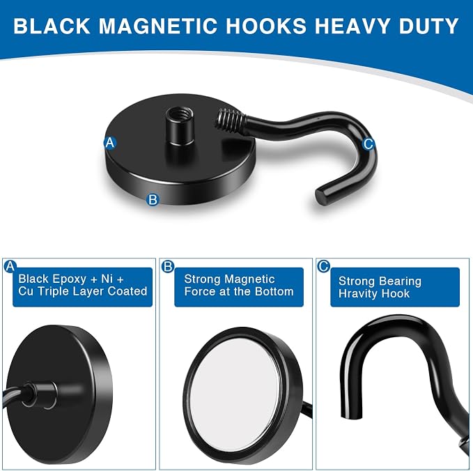 LOVIMAG Magnetic Hooks Heavy Duty, 85LBS, 12 Pack | Magnet with Hook for Cruise Cabins, Classroom, Kitchen Essentials, Door Decoration, Refrigerator, Black