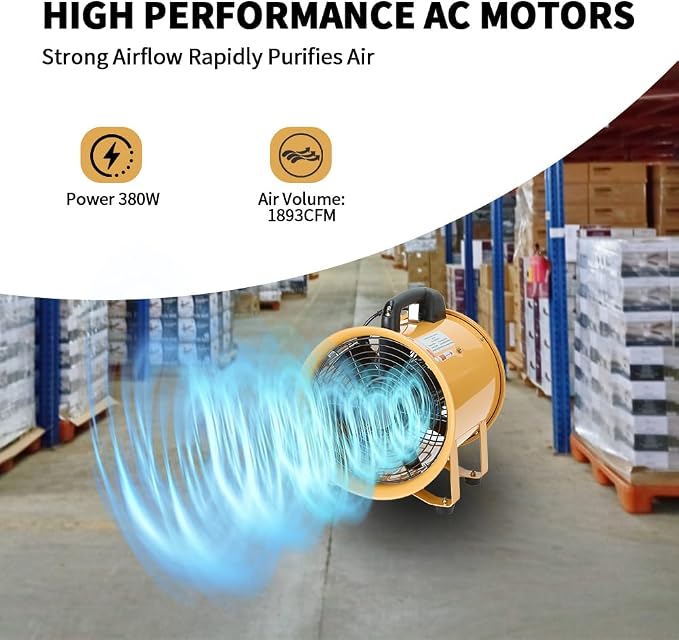 Utility Blower Fan 10 inch Ventilator 3300RPM Extractor Industrial 2580m3/h High Velocity Portable Ventilation Fan with 16 ft Flexible Duct Hose