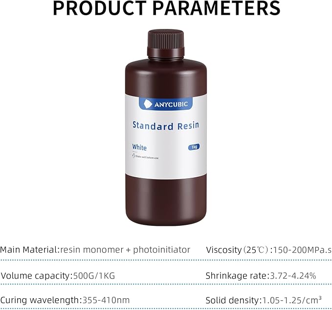 ANYCUBIC 3D Printer Resin, 405nm High Precision Fast Curing UV Photopolymer Resin for LCD 3D Printing, 1kg White
